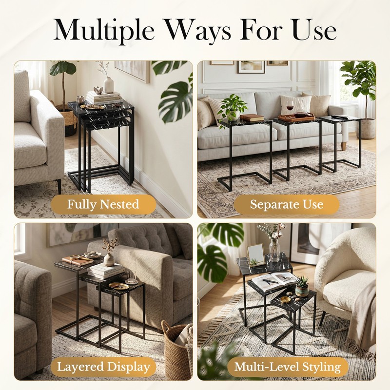 Nesting Coffee Table Set of 3 Industrial Stacking Accent End Side Tables Black gallery
