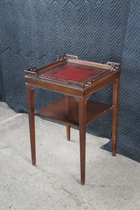 2 Superior Table Mid Century Mahogany Tiered Tooled Leather Side Tables Stands gallery