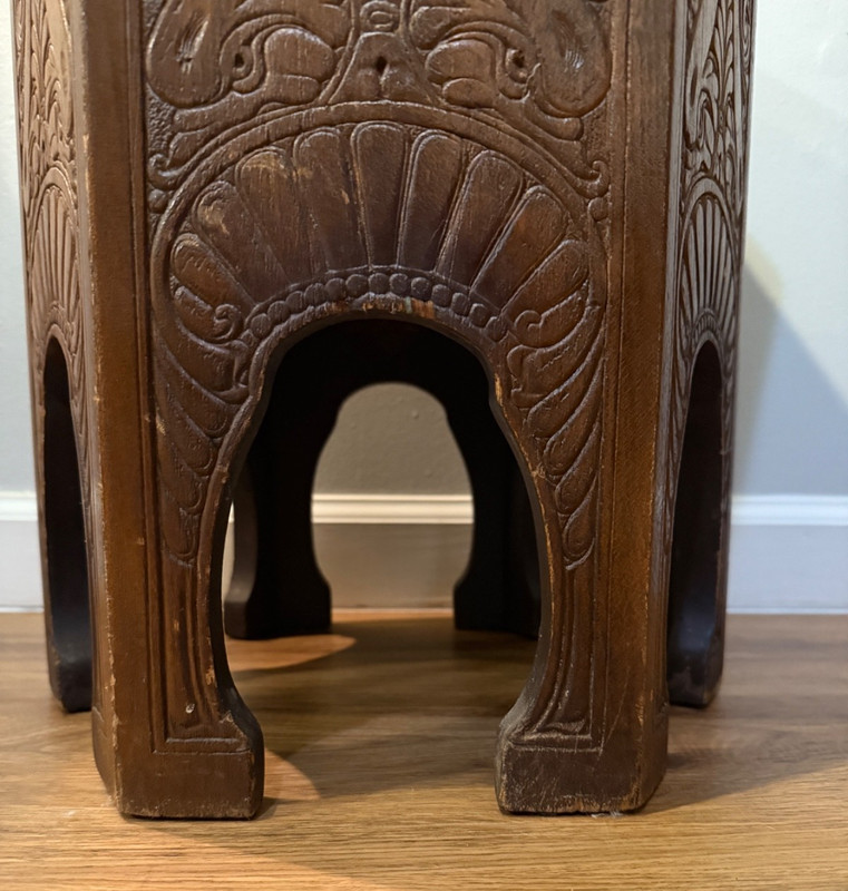 🌿 Vintage / Antique Hand Carved Wood Plant Stand Side Table Hexagon Boho Decor gallery