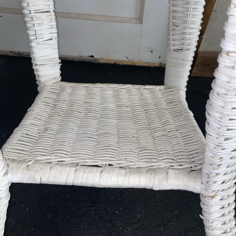 Vtg Wicker Rattan Plant Stand Boho Side Table Round Shabby White Wood Beads 28” gallery