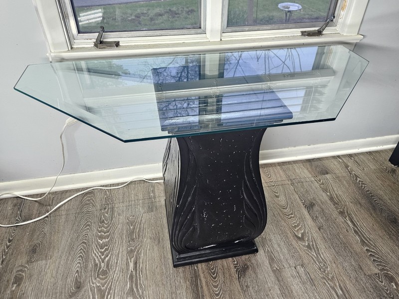 Vintage 1980s Sofa Table Pedestal Side Table Beveled Glass Top Foyer Table Black