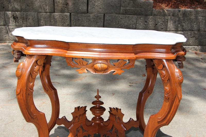 Superb Victorian Rococo Turtle Marble Top Table with Egg Carved Legs and Aprons gallery