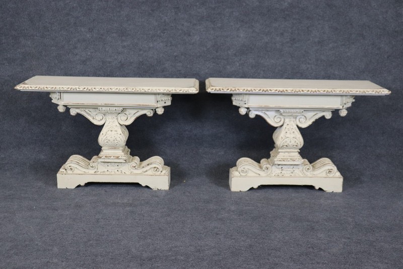 Pair of Distressed White Painted Carved Jacobean Style Console Tables