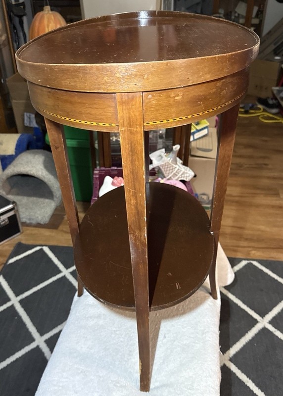VINTAGE MERSMAN SIDE TABLE WITH STRIPE DESIGN AROUND THE TABLE, 26”X 22.75” X 16 gallery