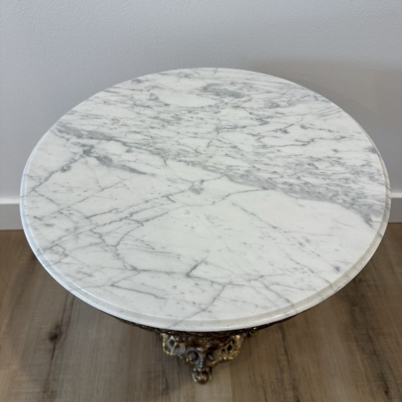 Vintage Hollywood Regency Ornate Brass & Carrara Marble Round Drinks Table gallery