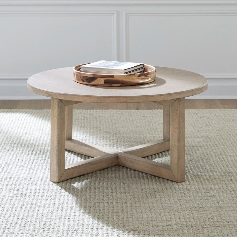 Living Room Round Cocktail Table Center Trestle - Barley Buff Birch Wood gallery