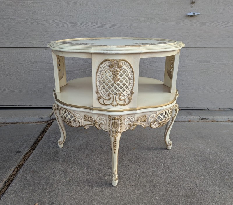 Vintage French Provincial Louis XVI Victorian Cream & Gold Gilt 2-Tier Table gallery