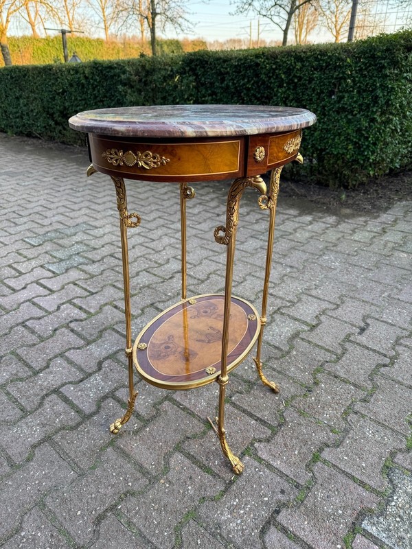 Table French Louis XVI Mahogany Bronze Marble Top Oval Side 1980