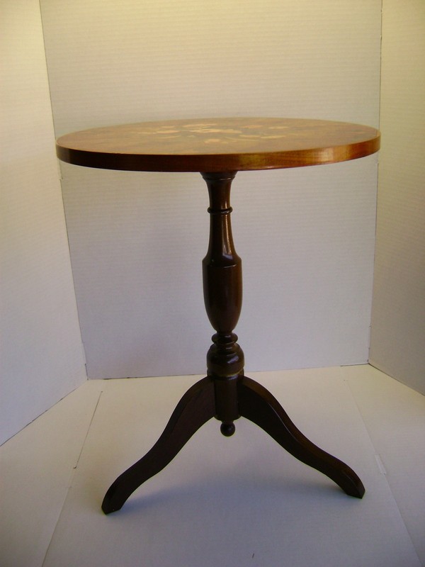TWO Vintage Italian Marquetry Tables- Floral Inlaid Wood, Round
