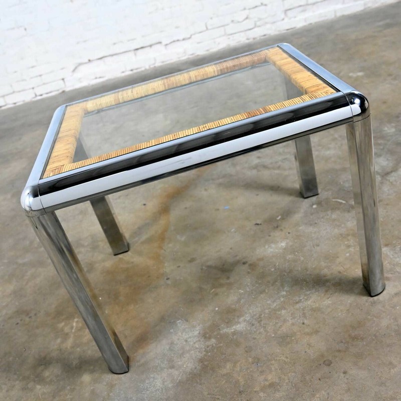 Vintage Modern Rectangular Chrome Glass & Wrapped Rattan Side Table Attr to DIA