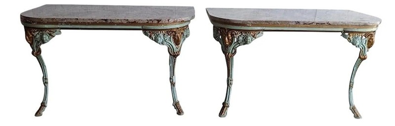 ” THE GORDON ” PR. OF MARBLE TOP CAST IRON CONSOLE TABLES WITH RAMS HEADS