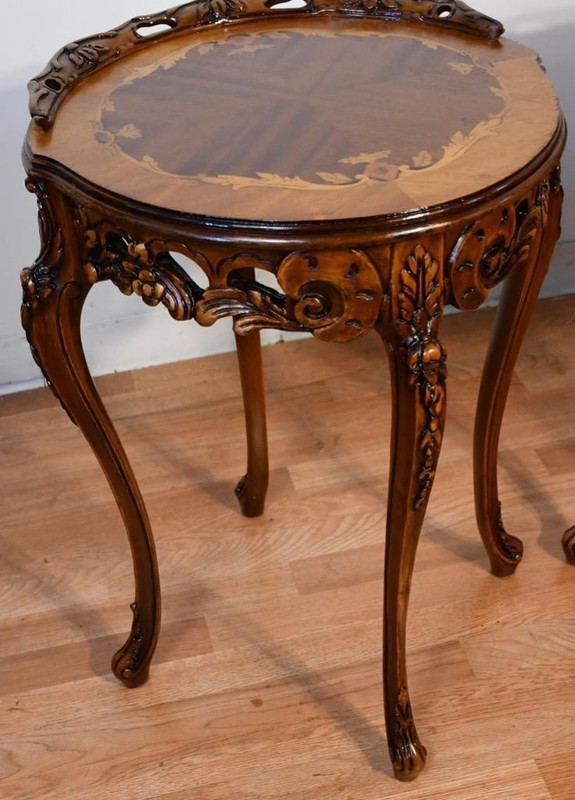 1910s Antique French Louis XV Walnut & Satinwood inlay PAIR of Side / end tables gallery