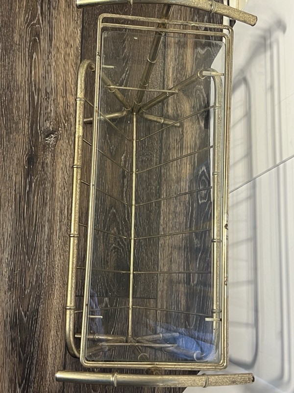 VTG MCM Faux Bamboo Hollywood Regency Brass Glass Top Side Table & Magazine Rack gallery