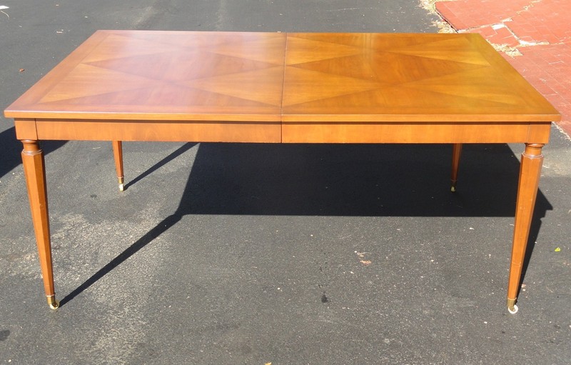RARE 1950s WALTER WABASH PARQUETRY TOP & HEXAGONAL LEGS DINING TABLE w/ 2 LEAVES