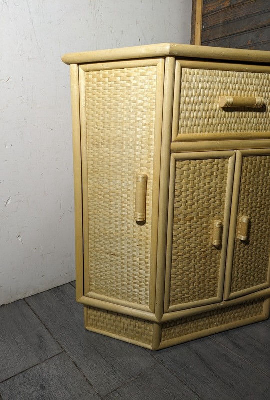 Vintage Boho Chic Cottage Wicker Rattan Corner Table Shelf Cabinet Mid Century gallery