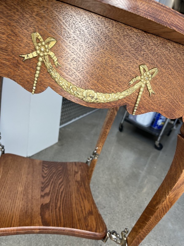 Antique French Louis XV oak accent table with shelf, ormolu and dolphin mounts gallery