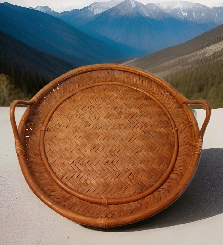 Vintage Wood Rope Rattan Serving Tray Butler Table Top 27″ Round Ottoman tray