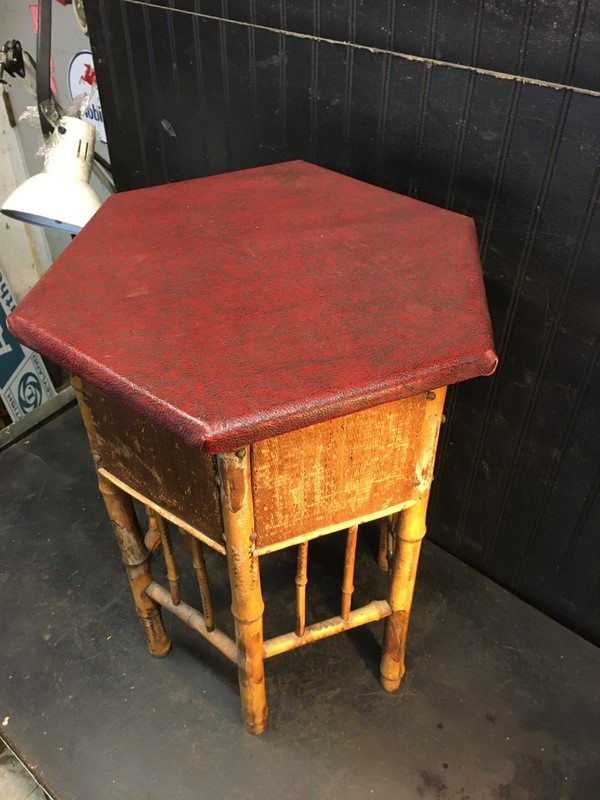 VTG 1900s Hexagon bamboo & rattan side table end table, Plant Stand , Asian 22" gallery