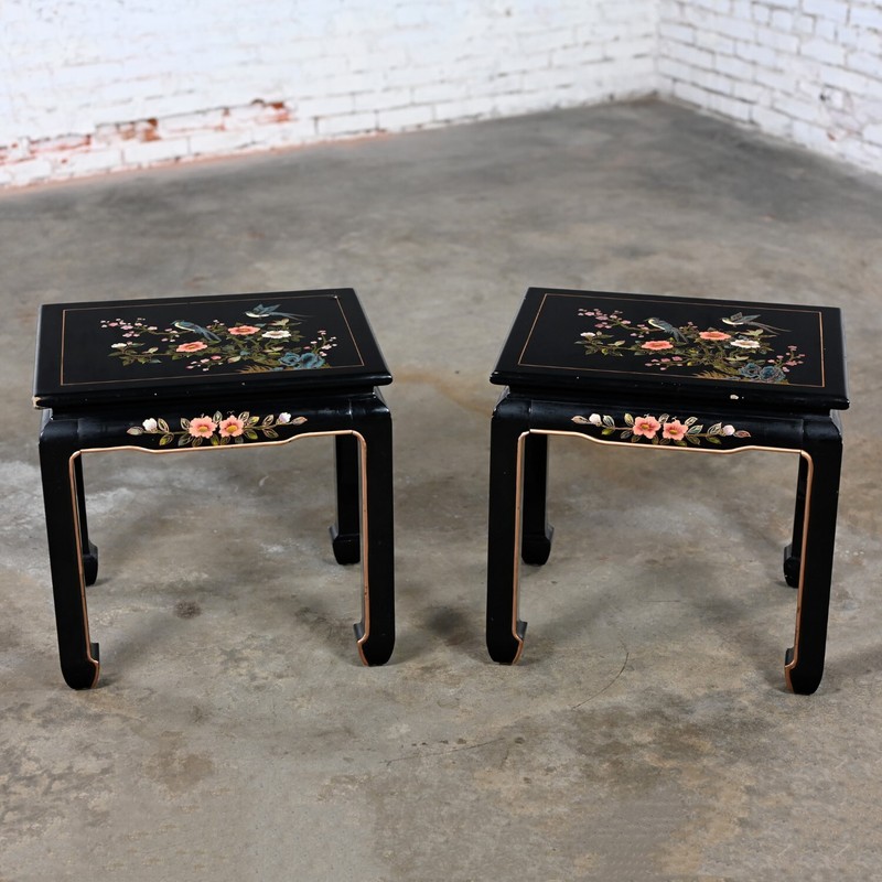 Distressed Chinoiserie Pair Black Lacquered End or Side Tables Ming Style Feet gallery