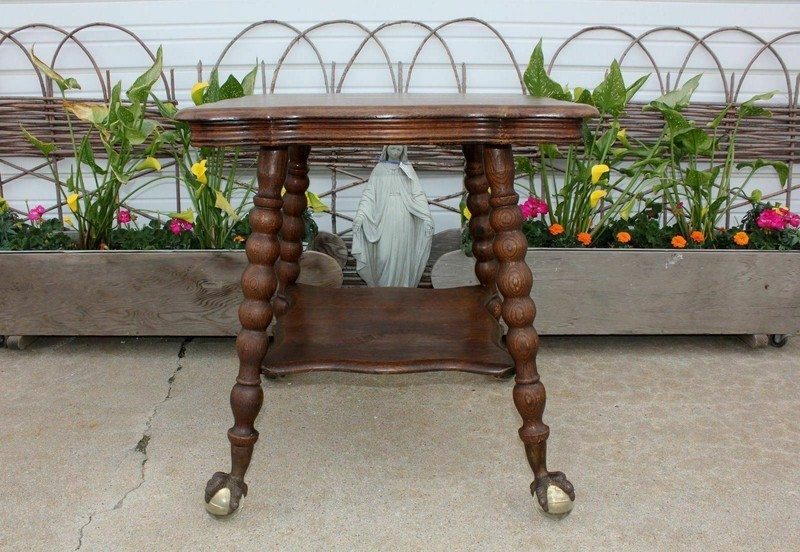 Carved Quartersawn Oak Parlor Lamp Table HUGE Glass Ball Eagle Clawfoot Antique gallery