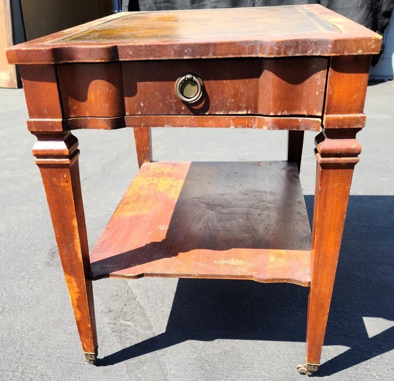 Beautiful Antique Two-Tiered Leather Topped End Table – NEEDS TLC – OLD PIECE gallery