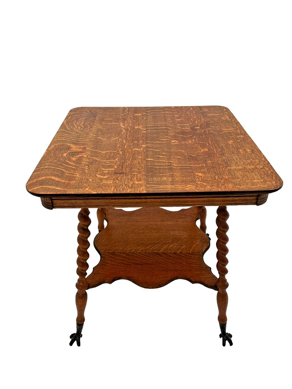 Antique Victorian Table bottom shelf Oak Barley Twist legs Glass Ball Claw feet gallery