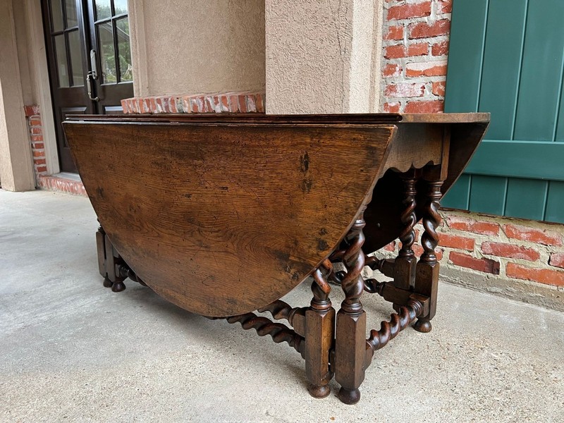 Antique English Wake Dining Table Drop Leaf BARLEY TWIST Jacobean Oak Console gallery