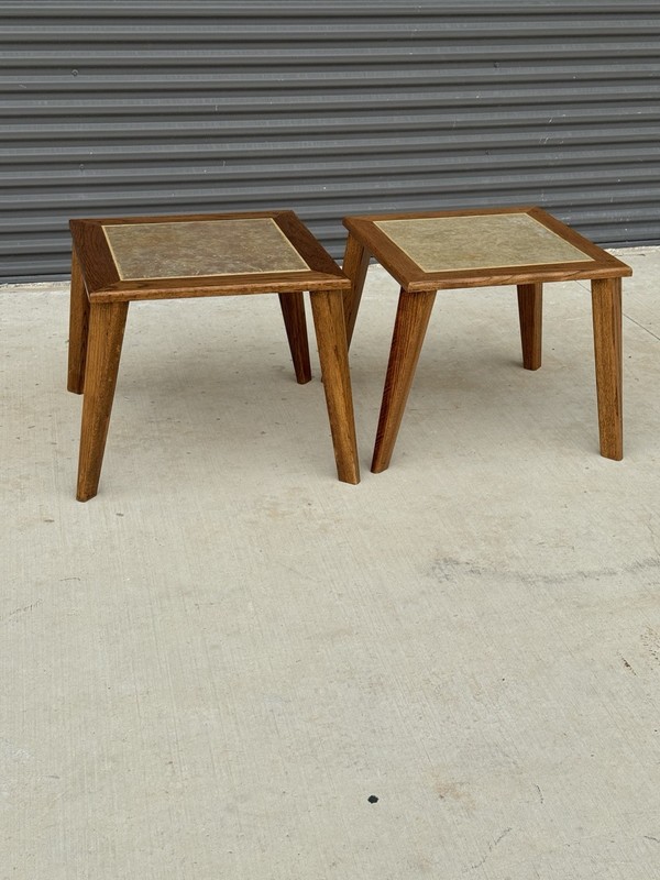 Pair Mid Century Modern HANDMADE Ranch Oak & Inlaid Ceramic Tile Top Side Tables gallery