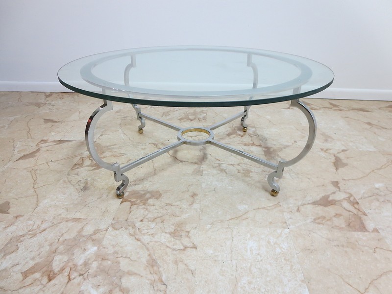 John Stuart chrome steel round coffee table spain mid century vintage regency gallery