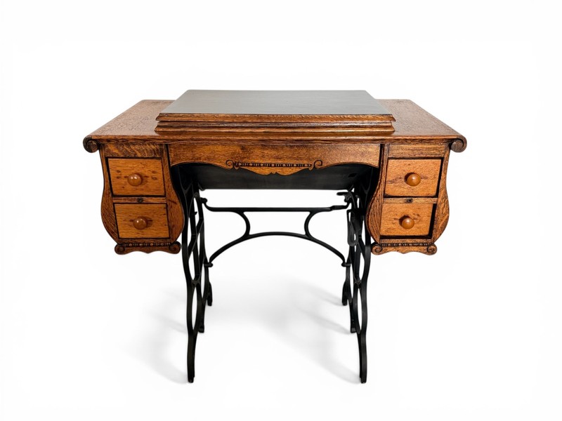 Antique Oak Storage Table with Foldout Top, Inside Compartment and 5 Drawers gallery