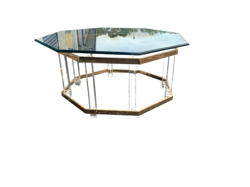 Mid Century Lucite Brass Plated and Glass Octagonal Coffee table