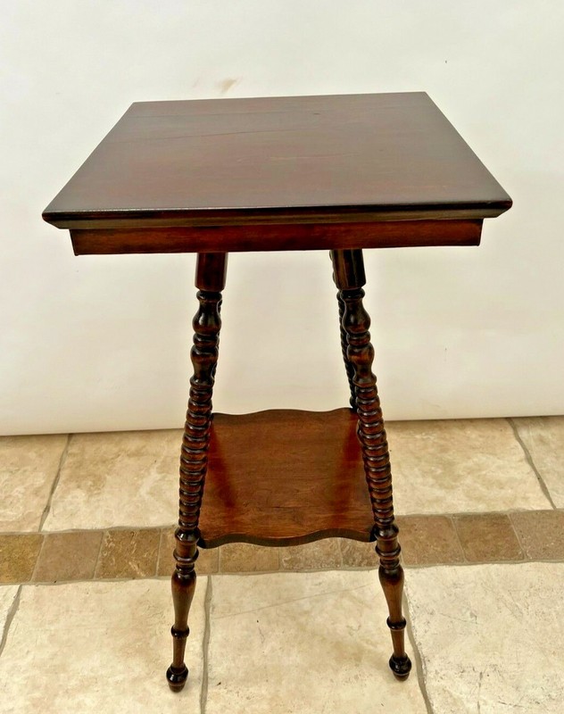 Antique Victorian Square Table with bottom shelf two tier Solid Mahogany gallery