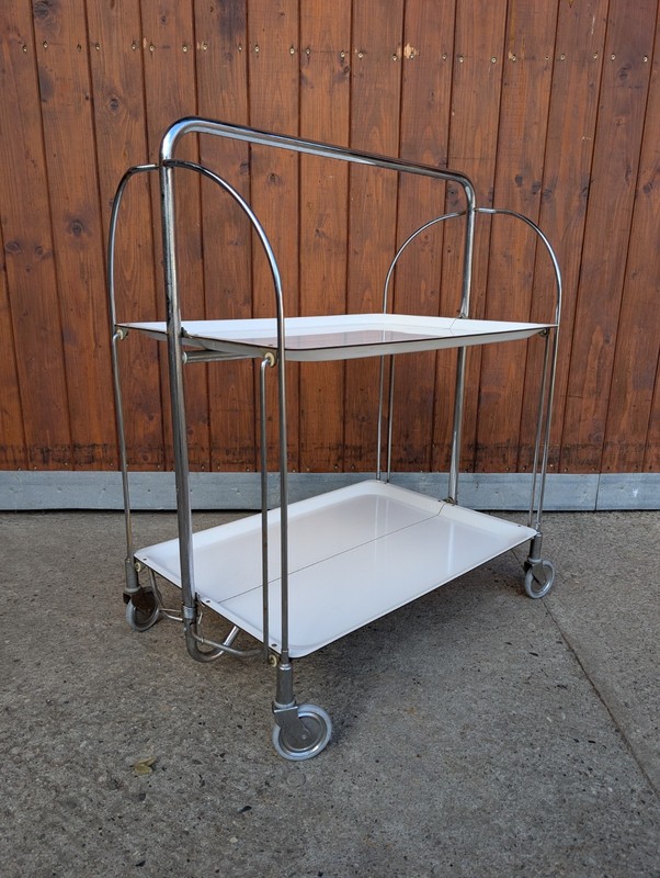 Dinett Serving Trolley Tea Cart Side Table White Chrome 70s Bremshey Space