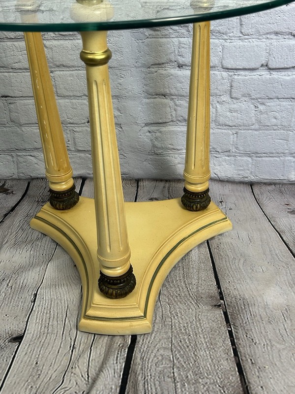 Hollywood Regency Accent Table Round Glass Top, Gilt Finished Base With 3 Legs gallery