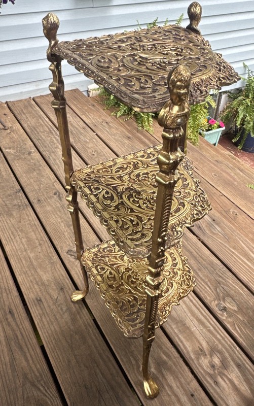 ANTIQUE 1930S BRONZE GOLD FINISH FIGURAL ORNATE 3 TIER SIDE TABLE PLANT STAND gallery