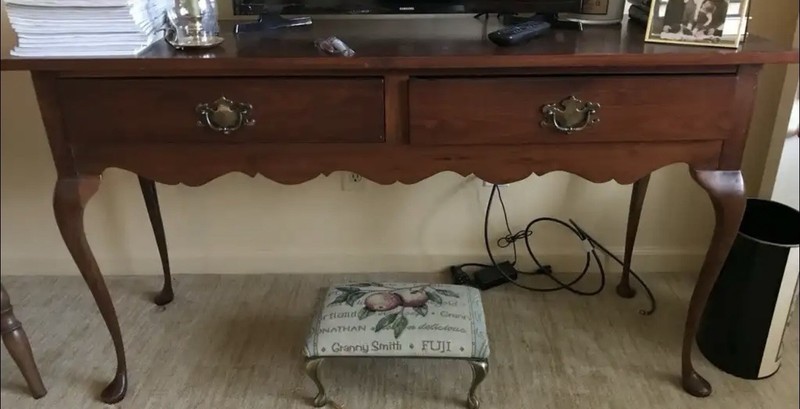 Antique Queen Anne Brown Wood Console Table with 2 Drawers, 55x19x29″