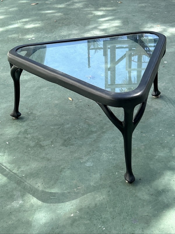 Mid-Century Modern Wrought Iron Patio Table Solid Metal Triangular Vintage gallery