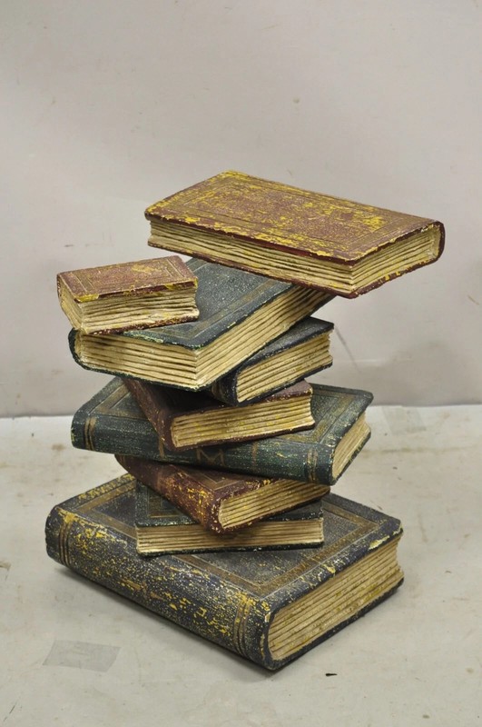 Vintage Regency Style Figural Faux Stacked Book Form Round Glass Top Side Table gallery