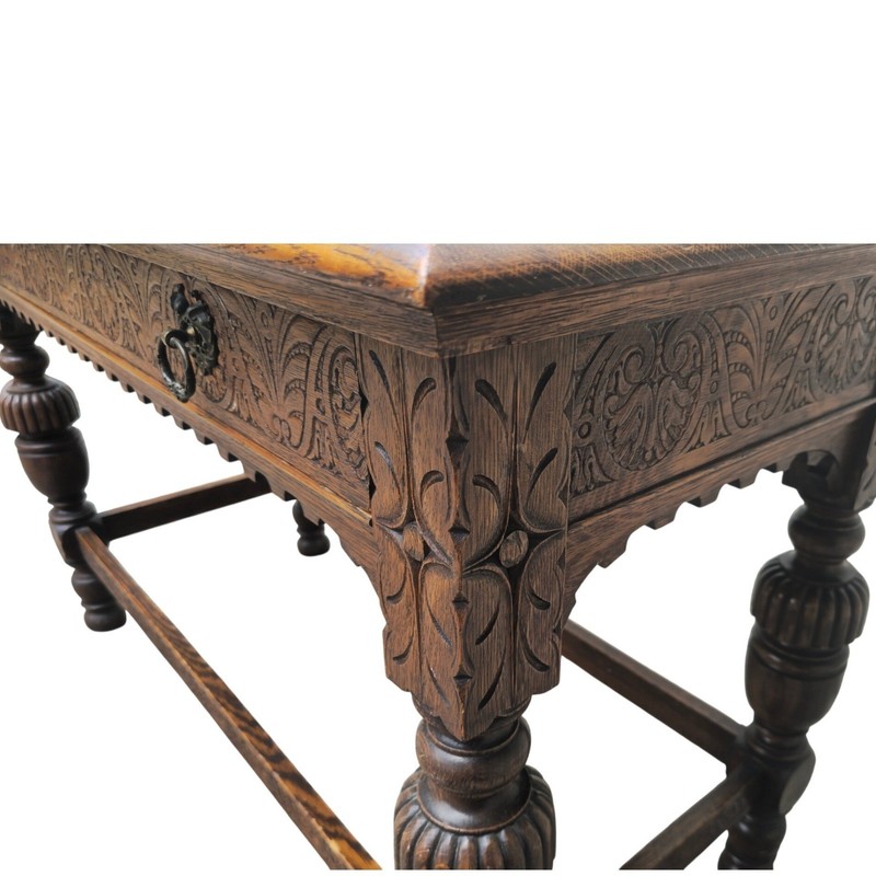 Robert Mitchell Furniture Co Antique Desk Library Table Oak Brown Carved 48in gallery