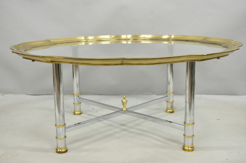 Vintage Maison Jansen Style Steel & Brass Scalloped Glass Tray Top Coffee Table gallery