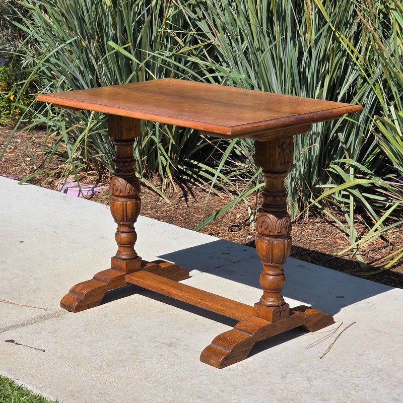Antique Refectory Trestle Table Tiger Oak 1920s Jacobean Carved Small Desk 24"H gallery
