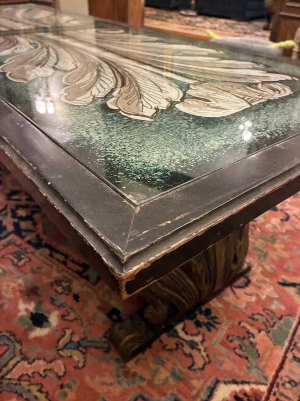 Gorgeous Mid-Centry Italian Coffee Table Reverse Painted Glass Top Giltwood Base gallery