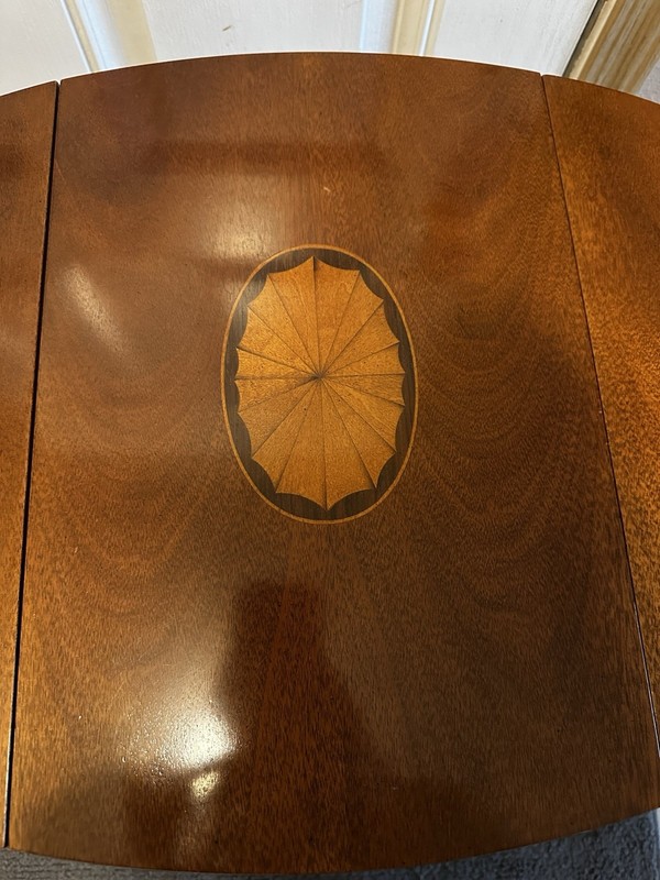 Baker Furniture Chippendale Style Mahogany Marquette Inlaid Drop Leaf Side Table gallery