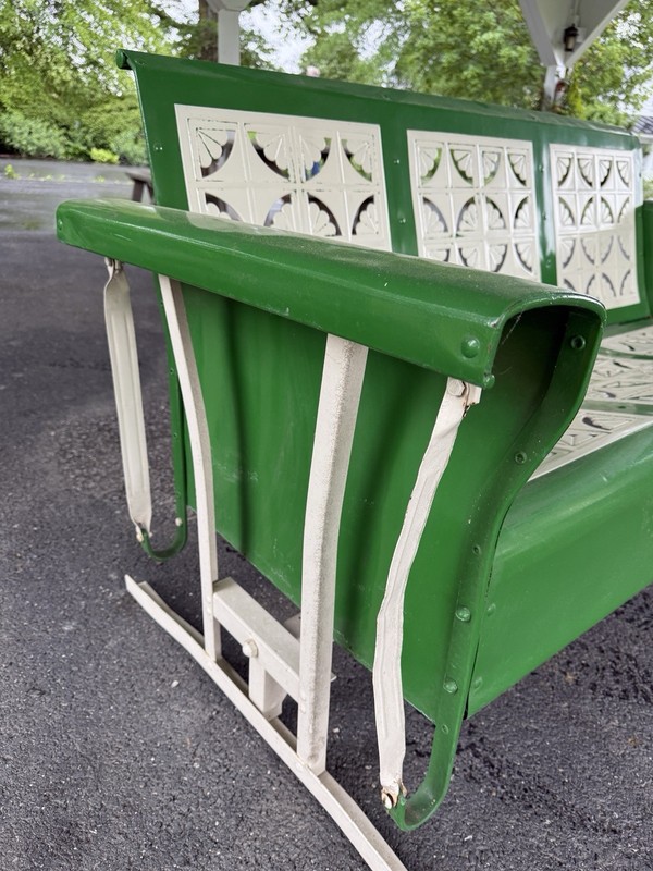 Vintage Metal Glider & Three Matching Chairs. Powder Coated In John Deere Green. gallery