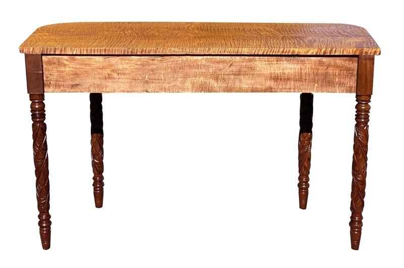 ANTIQUE TIGER MAPLE & MAHOGANY D SHAPE CONSOLE TABLE WITH ACANTHUS CARVED LEGS gallery