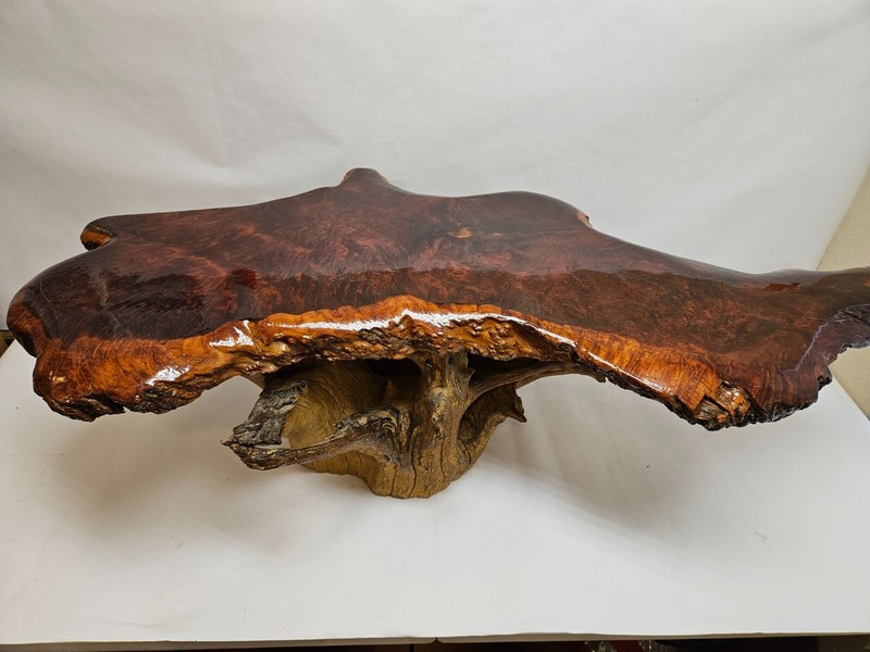 INCREDIBLE ANTIQUE LIVE EDGE BENCH W A STUMP PEDESTAL, ONE PIECE OF WOOD TOP 51″