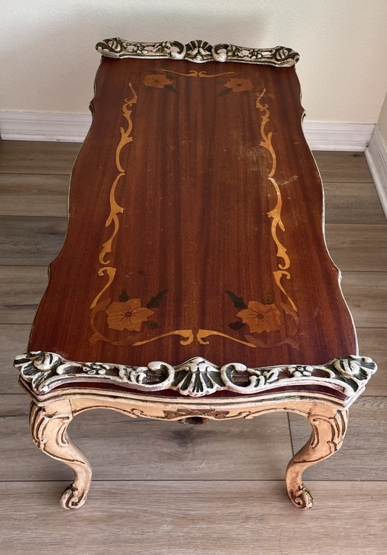 Hand Carved Wood Distressed Ornate/ Inlaid Top Coffee Table Antique French Style