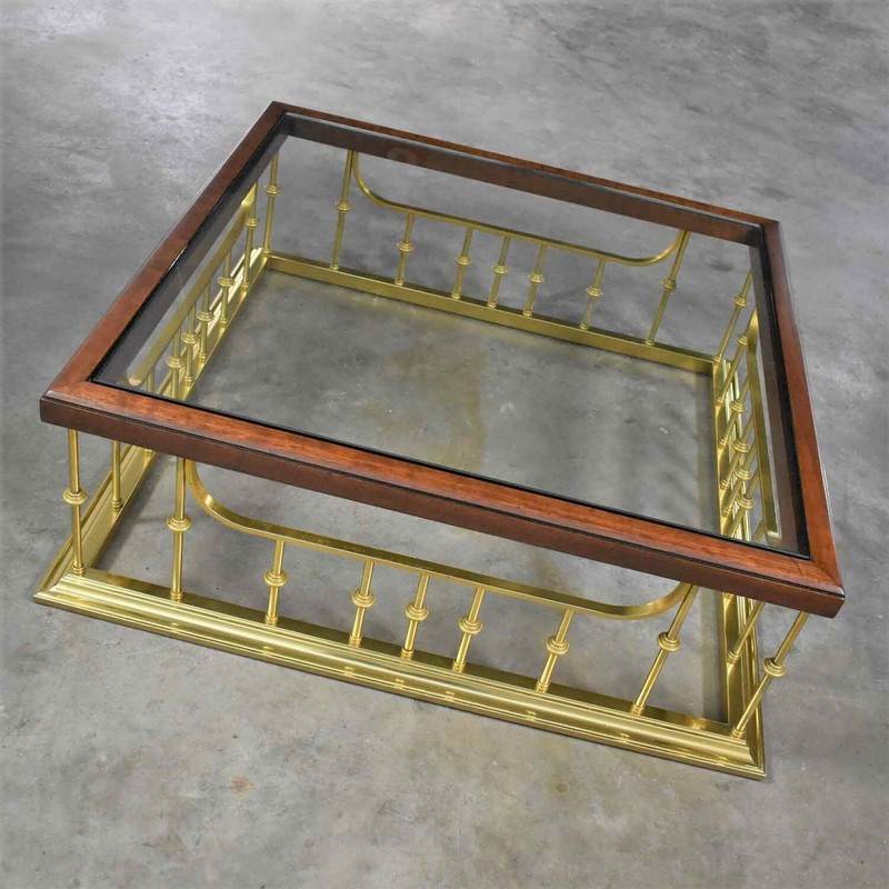 Glass Wood Brass Fireplace Fender Style Large Square Coffee Table Erwin Lambeth