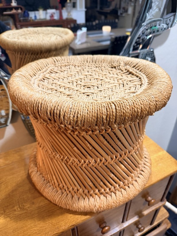 Vintage 1960s Mudda Stool Natural Bamboo Rope Woven Boho Mid-century plantstand