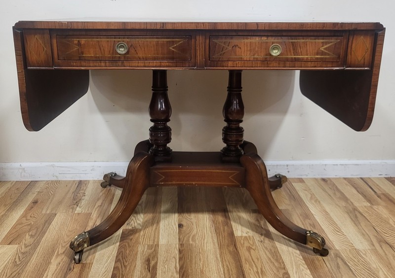 19th C ENGLISH Regency Carved & Brass Inlaid Rosewood Drop Leaf SOFA TABLE Desk gallery